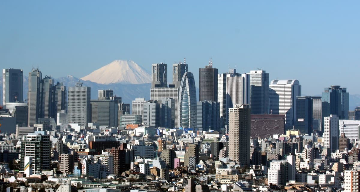 The Tokyo skyline with Mount Fuji behind it